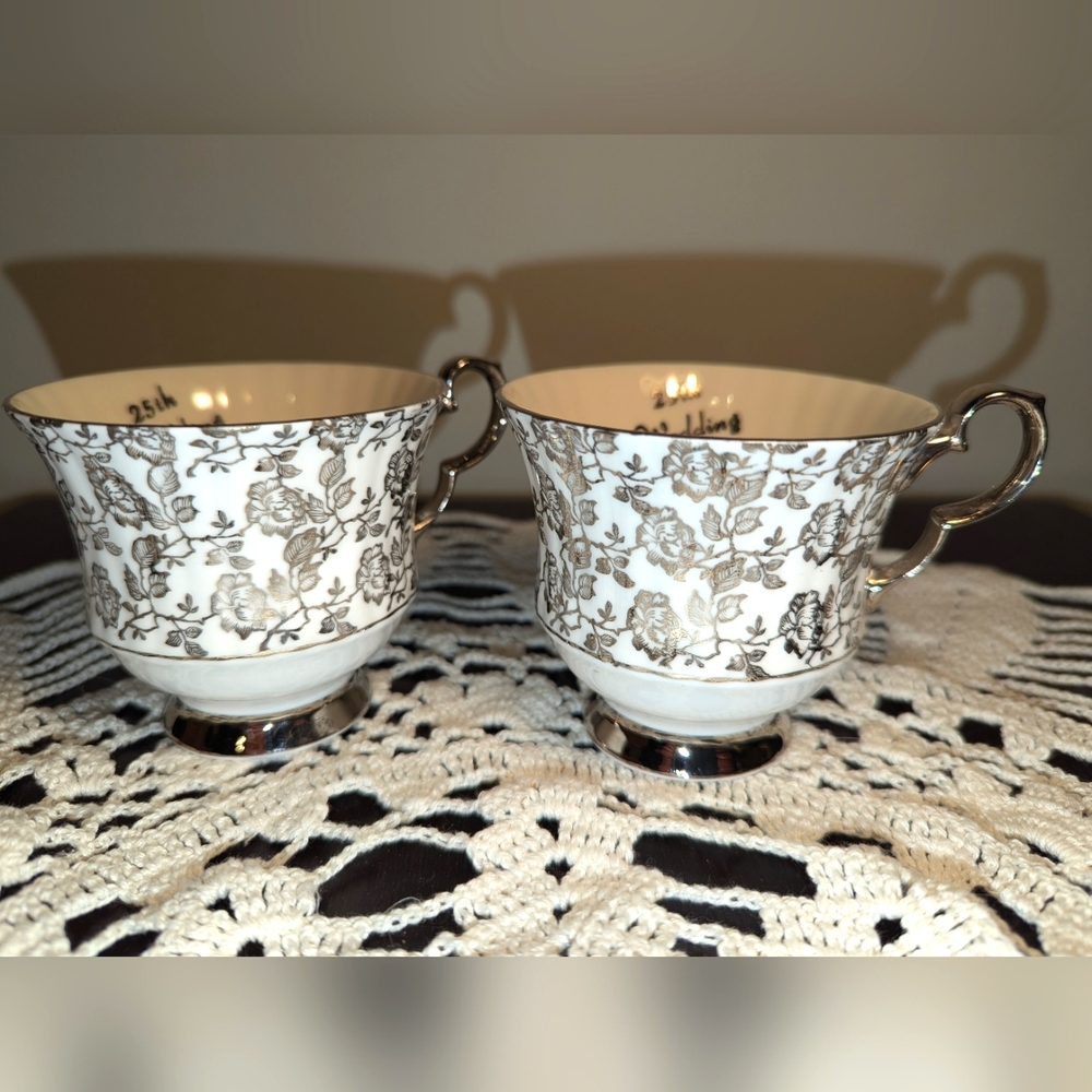 Windsor Black and Cream Dining Cups with Elegant Happy 25th Anniversary In Cup